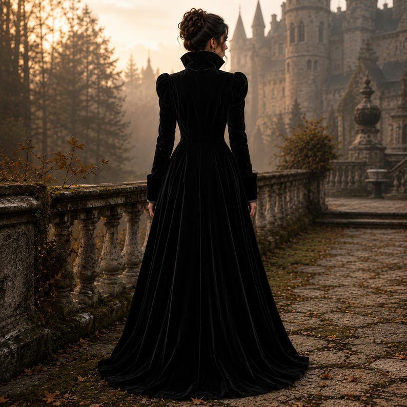 Peut inclure: Une robe longue en velours noir dot&eacute;e d'un col montant, de manches longues aux &eacute;paules structur&eacute;es et d'un corsage ajust&eacute; qui se prolonge en une jupe ample et fluide. Le v&ecirc;tement est pr&eacute;sent&eacute; de dos, mettant en valeur sa texture lisse.