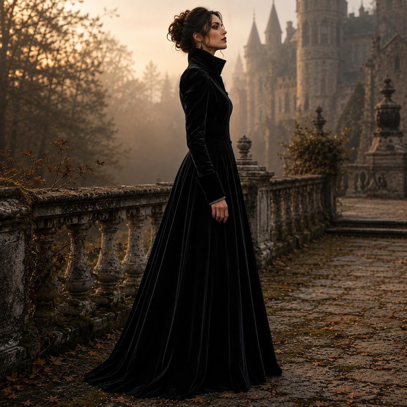 Peut inclure: Une robe longue en velours noir avec des manches longues &agrave; poignets structur&eacute;s, un col montant et un corsage ajust&eacute; qui se prolonge en une jupe ample et fluide. Le v&ecirc;tement est confectionn&eacute; dans un tissu noir uni &agrave; la texture douce.