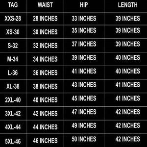 May include: A size chart with black text on a black background, detailing waist, hip, and length measurements in inches. Sizes range from XXS-28 to 5XL-46, with corresponding measurements for each size.
