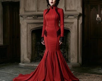 Victorian Gothic Red Mermaid Maxi Dress, Steampunk Lycra Bodycon Gown, Alternative Prom Evening Wear, Dark Aesthetic Alt Fashion