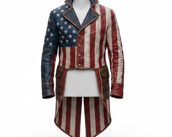 Men's American Flag Leather Tailcoat Jacket, Handmade Patriotic USA Vintage Coat, Uncle Sam Inspired Biker Jacket, Fourth of July Costume