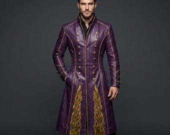 Purple Gothic Vampire Leather Steampunk Coat, Gold Bat And Flame Embroidered Tailcoat, Gothic Halloween Outfit, Ren Faire Cosplay Costume