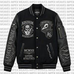 Arkham Sanctuary Varsity Jacket, Goth Letterman Jacket, Dark Academia Streetwear, Grunge Bomber Jacket, Embroidery Skull Bone jacket patch