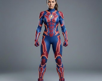 Female Flash Inspired Cosplay Superhero Suit, 2023 Barry Allen Style Women’s Superhero Costume, Red Blue Tactical Comic Con Jumpsuit