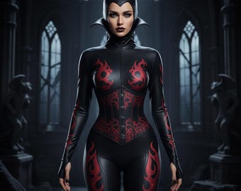 Gothic Black Red Flame Bodysuit, Women's Vampire Spandex Catsuit, Fantasy Cosplay Costume, Alternative Gothic Jumpsuit, Halloween Outfit