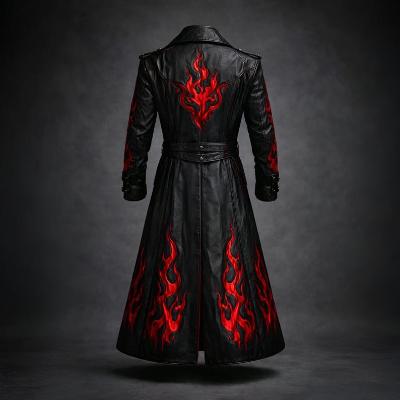 black and red flame genuine leather trench coat with gothic biker style and full length duster design