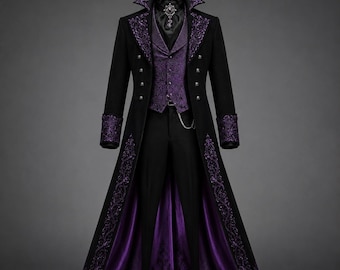 Queue-de-pie gothique victorienne noire et violette, veste de vampire brodée, manteau de festival steampunk, costume d'aristocrate de Dracula, long manteau en coton