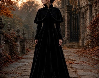 Black Velvet Gothic Trench Coat Women, Victorian Gothic Coat, Long Velvet Halloween Coat, Medieval Cloak Jacket, Dark Academia Outerwear