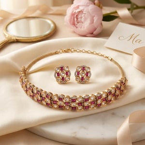 Gold Plated Kundan Polki Choker Necklace Set with Earrings | Indian Bridal Wedding Jewelry