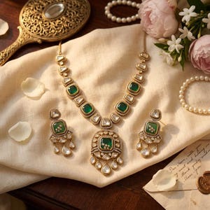 May include: A gold-toned necklace and matching earring set featuring square-cut green stones surrounded by small clear crystals. The necklace has a central pendant with dangling teardrop accents, and the earrings mirror this square design.