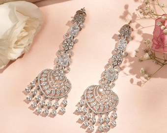 Pendientes de novia largos con forma de lágrima de cristal y moissanita de plata / Joyería india Sabyasachi pakistaní