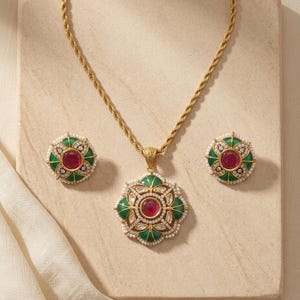 May include: A gold-toned jewelry set featuring a pendant necklace and matching earrings. The pendant and earrings have a central red stone surrounded by green enamel, small white stones, and a border of white pearls. The necklace has a twisted rope chain.