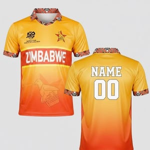 Puede incluir: Una camiseta de críquet de Zimbabue amarilla y naranja con la palabra "ZIMBABWE" en el pecho. La camiseta tiene un cuello y puños estampados en rojo y blanco. La parte trasera de la camiseta tiene la palabra "NAME" y el número "00".
