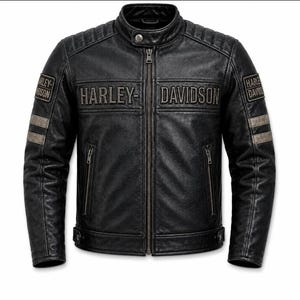 May include: A black leather jacket featuring a full-length front zip, a snap-button collar, and quilted shoulder detailing. The chest displays the text Harley-Davidson, with matching patches on each sleeve and two horizontal stripes on the arms.