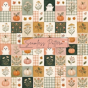 May include: A seamless pattern featuring a grid of squares with illustrations of white ghosts, orange and white pumpkins, various wildflowers, and autumn leaves. Some squares contain a light green or peach gingham check. Text reads Seamless Pattern 300 DPI. PNG.