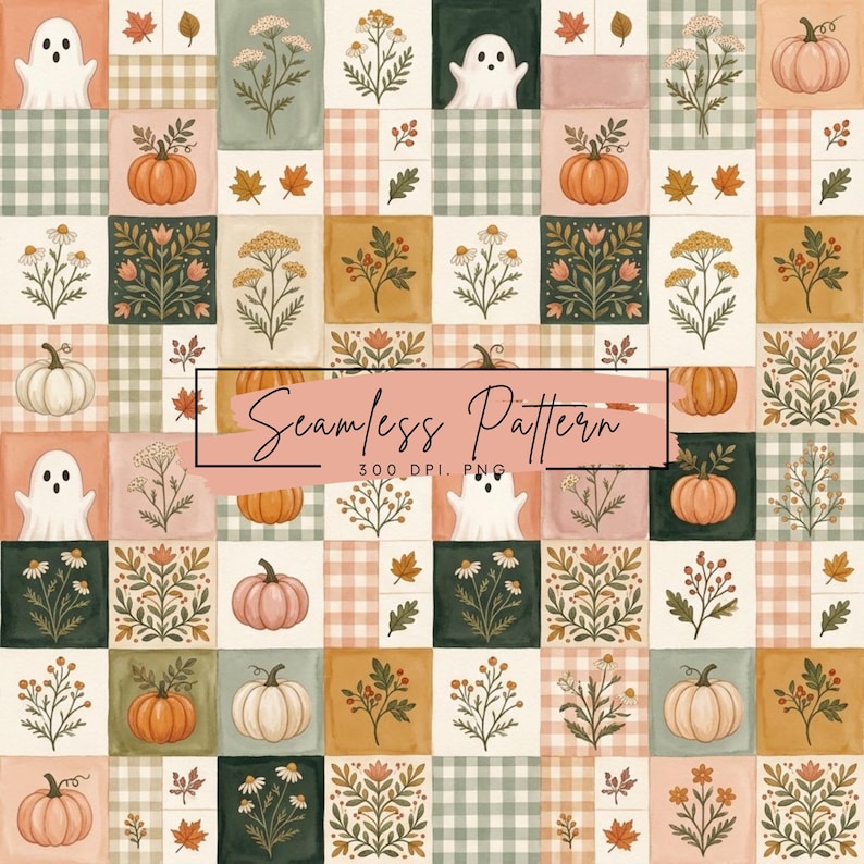 May include: A seamless pattern featuring a grid of squares with illustrations of white ghosts, orange and white pumpkins, various wildflowers, and autumn leaves. Some squares contain a light green or peach gingham check. Text reads Seamless Pattern 300 DPI. PNG.