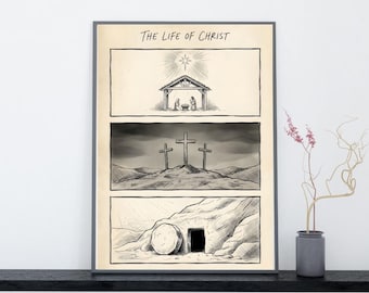 Life of Christ Triptych Print – Minimalist Nativity, Crucifixion, Resurrection Art (Digital Download)