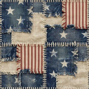 May include: A patchwork design featuring squares of faded blue denim with white stars, red and white striped fabric, and natural linen. The squares are stitched together with white thread, creating a rustic, Americana aesthetic.