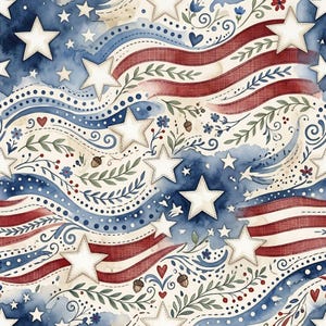 May include: A patriotic pattern featuring white stars, red and white stripes, and blue watercolor accents. The design includes floral and leaf elements, hearts, and acorns, creating a whimsical, Americana-themed aesthetic. The stars have a stitched outline.