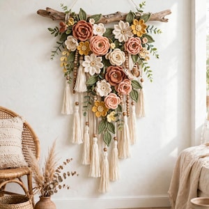 Handmade Crochet Floral Wall Hanging – Boho Driftwood Macrame Art (18"x36")