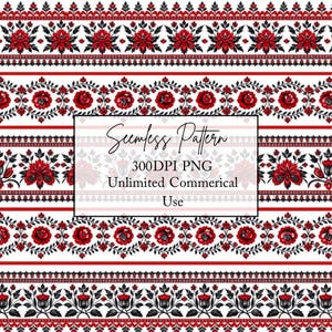Könnte beinhalten: Ein nahtloses Muster mit horizontalen Bändern aus roten und schwarzen Blumenmotiven auf weißem Hintergrund. Der Text in der Mitte lautet Seamless Pattern 300DPI PNG Unlimited Commerical Use. Das Design enthält sich wiederholende Blumen.