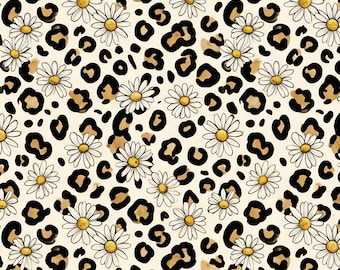 Daisy Leopard Print Seamless Digital Paper, Boho Floral Cheetah Pattern,Western Flower Animal Print Background,Spring Sublimation Design JPG
