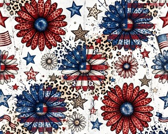 Vintage Americana Floral Seamless Digital Paper, Patriotic Daisy Leopard Pattern, 4th of July Grunge Background, Stars and Stripes JPG