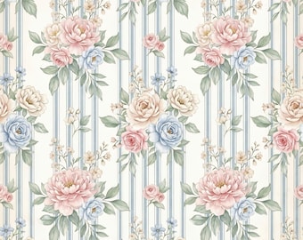 Vintage Floral Stripe Seamless Digital Paper, Watercolor Rose Bouquet Pattern, Cottagecore Aesthetic Background, Shabby Chic Blue Stripe JPG