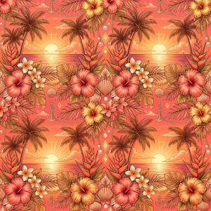 May include: Tropical-themed pattern featuring a sunset over the ocean, palm trees, and vibrant flowers. The design includes hibiscus, plumeria, and other tropical foliage, with seashells and anchor accents. The color palette is warm, with shades of orange, pink, and yellow.