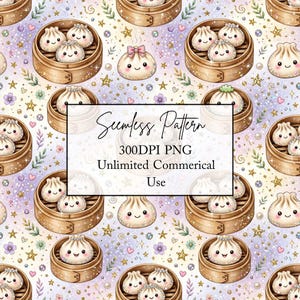 May include: A seamless pattern featuring cute, smiling dumplings in wooden bamboo steamers, interspersed with gold stars, small purple flowers, and sparkling gems on a soft, light purple and yellow gradient background with text overlay.