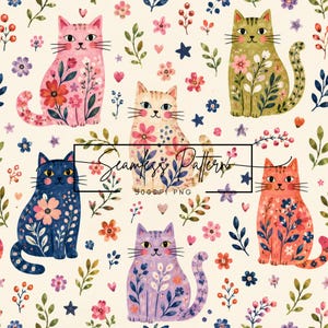 May include: A seamless pattern featuring five stylised cats in pink, green, blue, orange, and purple, each decorated with floral motifs. The background is cream-coloured and filled with small flowers, leaves, berries, and stars. Text reads Seamless Pattern 300 DPI PNG.