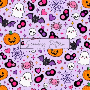 May include: A seamless pattern on a light purple background featuring repeating cartoon Halloween icons including orange jack-o'-lanterns, white ghosts, purple bats, pink spiders, white skulls, purple spiderwebs, and pink hearts with text reading Seamless Pattern 300 DPI. PNG.