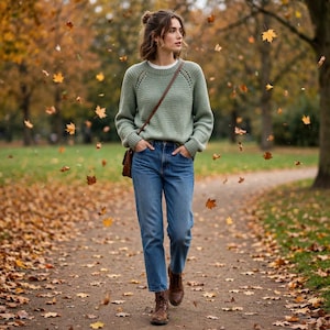 Peut inclure: Un pull en tricot à manches longues vert sauge avec une encolure ronde et des manches raglan, associé à un jean bleu délavé et des bottines en cuir marron. Une fine bandoulière de sac en cuir marron repose sur le devant du pull.