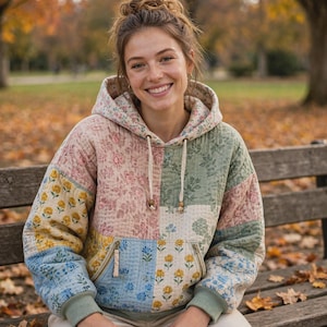Patchwork-Hoodie-Schnittmuster (PDF) | Gestepptes Hoodie-Schnittmuster mit Blumenmuster | Boho-Patchwork-Hoodie-Schnittmuster | Oversize-Hoodie-Schnittmuster für Damen (Größen S-XL)