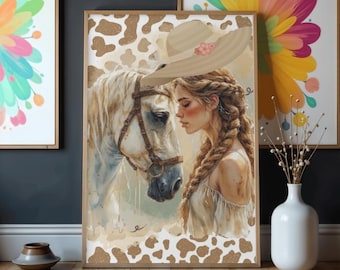 Cowgirl Watercolor Print, Western Horse Girl Art, Boho Farmhouse Decor (Digital Download)