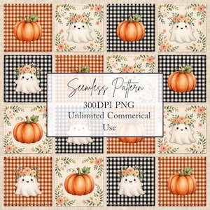 May include: A digital seamless pattern featuring a grid of alternating squares. The squares display either an orange pumpkin or a white ghost, both adorned with floral crowns, set against orange or black gingham and floral backgrounds.