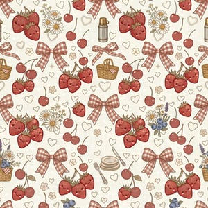 Puede incluir: Un patrón repetitivo sobre fondo crema con fresas sonrientes, cerezas, arándanos, margaritas y ramas de lavanda. El diseño incluye lazos de cuadros vichy marrones, cestas de picnic, un termo y una pila de platos con cubiertos.