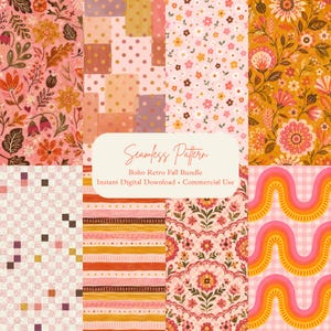 May include: A digital collection of eight seamless patterns featuring floral motifs, polka dots, checkered squares, horizontal stripes, and wavy lines in shades of pink, orange, yellow, and brown. Text reads: Seamless Pattern Boho Retro Fall Bundle.