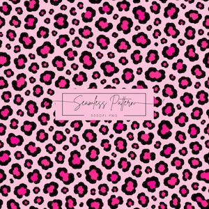Peut inclure: Un motif sans couture présentant un imprimé léopard répétitif avec des taches rose vif soulignées de noir sur un fond rose clair. Un encadré rectangulaire central contient le texte Seamless Pattern et 300DPI PNG.