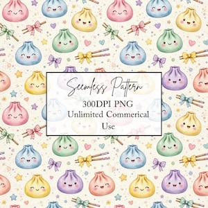 May include: A seamless pattern featuring cartoon dumplings with smiling faces in pink, blue, yellow, green, and purple, interspersed with small bows, stars, and hearts. Text in the centre reads: Seamless Pattern 300DPI PNG Unlimited Commerical Use.