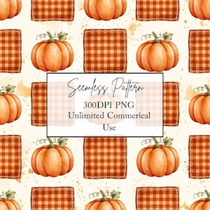 Nahtloses Aquarell-Kürbis-Gingham-Muster, digitales Quiltpapier im Herbst-Landhausstil, rustikales orangefarbenes Karomuster (PNG), unbegrenzte kommerzielle Nutzung, Stoff