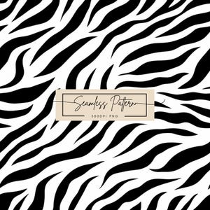 Könnte beinhalten: Ein schwarz-weißes Zebramuster mit einer rechteckigen beigen Überlagerung in der Mitte, auf der der Text Seamless Pattern und 300DPI PNG in Schwarz gedruckt ist. Das Design besteht aus sich wiederholenden organischen Wellenlinien.
