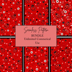 Könnte beinhalten: Ein digitales nahtloses Muster-Set mit rotem Hintergrund, Marienkäfern, weißen Punkten, kleinen weißen Blumen und schwarzen Herzen. Ein mittiges lachsfarbenes Rechteck zeigt den Text Seamless Pattern BUNDLE Unlimited Commerical Use.