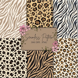 Pode incluir: Uma coleção de seis padrões animais sem costura com listras de zebra em bege e branco, preto e branco, e preto e castanho, ao lado de manchas de leopardo em vários tons de marrom e preto. Uma etiqueta central bege exibe o texto Seamless Pattern 300 DPI . PNG com ilustrações de flores rosas.