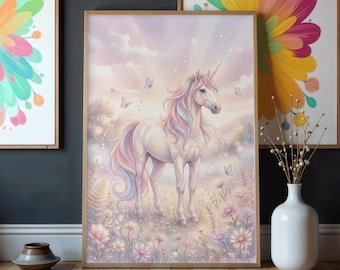 Magical Unicorn Watercolor Print – Whimsical Nursery Meadow Artwork