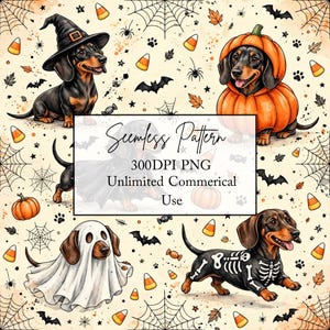 Puede incluir: Un patrón sin costuras que presenta perros salchicha negros y fuego con disfraces de Halloween, incluyendo un sombrero de bruja, traje de calabaza, sábana de fantasma y atuendo de esqueleto, rodeados de telarañas, murciélagos, dulces y hojas sobre un fondo crema.