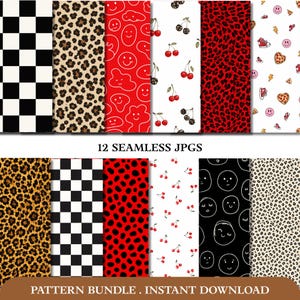 Peut inclure: Une collection de 12 motifs numériques sans couture présentant des designs variés, notamment un damier noir et blanc, des imprimés léopard, des fonds rouges avec des visages dessinés au trait blanc, des cerises, des taches rouges et des icônes.