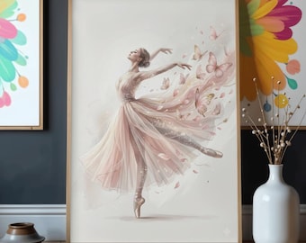 Ethereal Ballerina Art, Blush Pink Watercolor Butterflies, Feminine Nursery Decor (2:3 Ratio)