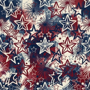 May include: A patriotic pattern featuring stars and fireworks in red, white, and blue. The design includes various sizes of stars with brushstroke detailing, set against a textured background. The overall theme is celebratory and festive.