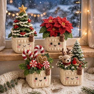 May include: Four crocheted holiday decorations in cream-colored square pots with smiling faces. The set includes a green Christmas tree with a yellow star, a red poinsettia plant, candy canes with a gingerbread heart, and a reindeer with a robin.